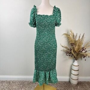 PRETTYGARDEN Green Floral Short Puff Sleeve Smocked Midi Dress - Size Large